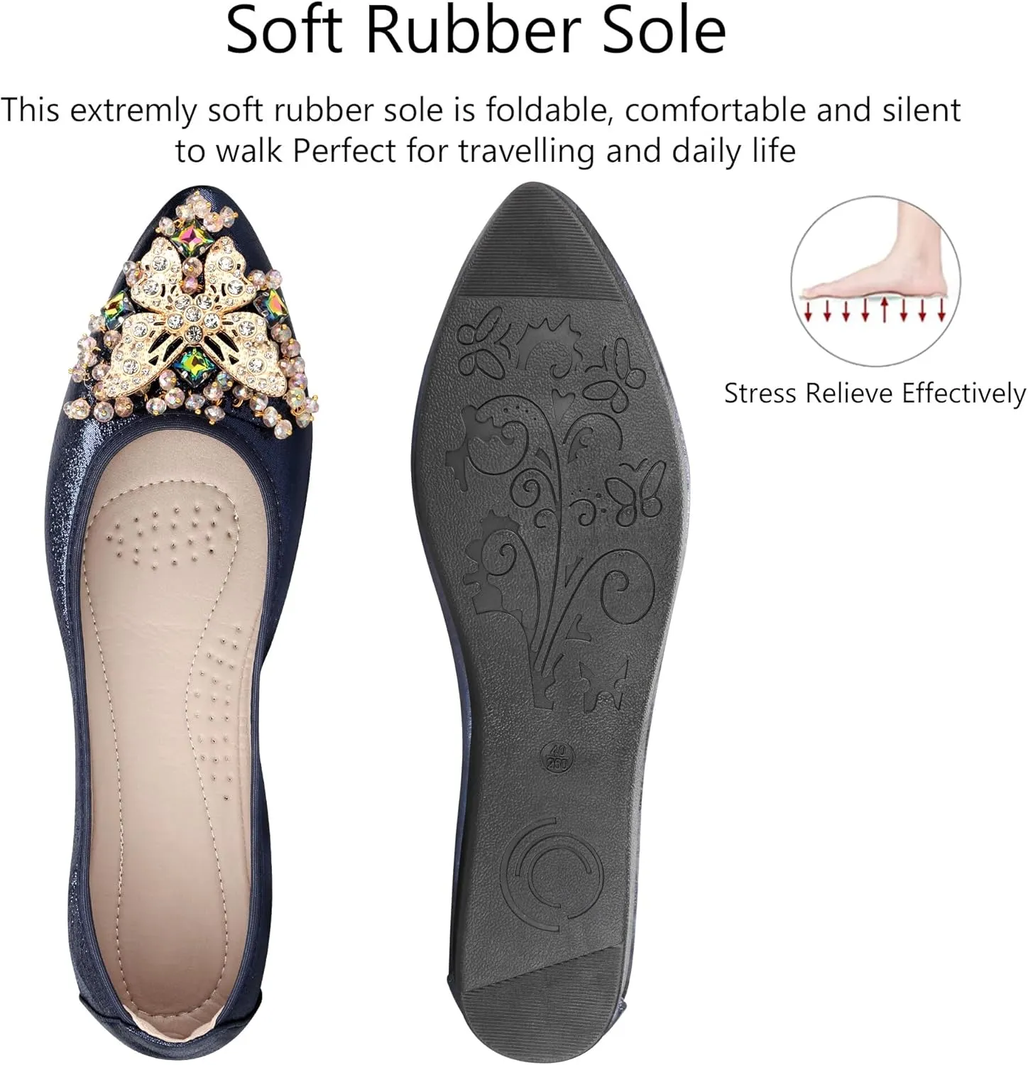 KUNWFNIX Women Ballet Flats Rhinestone Wedding Ballerina Shoes Foldable Sparkly Comfort Slip on Flat Shoes