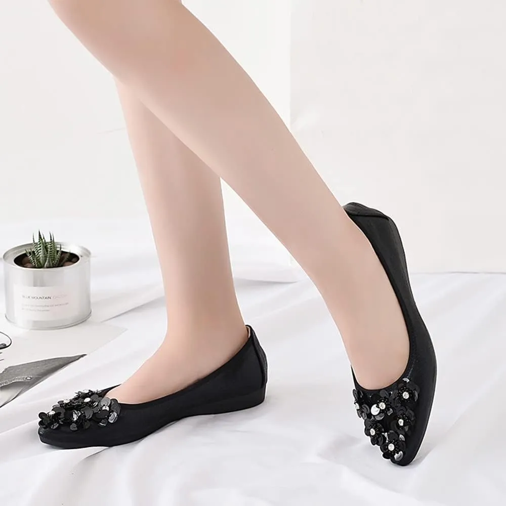 KUNWFNIX Women Ballet Flats Rhinestone Wedding Ballerina Shoes Foldable Sparkly Comfort Slip on Flat Shoes