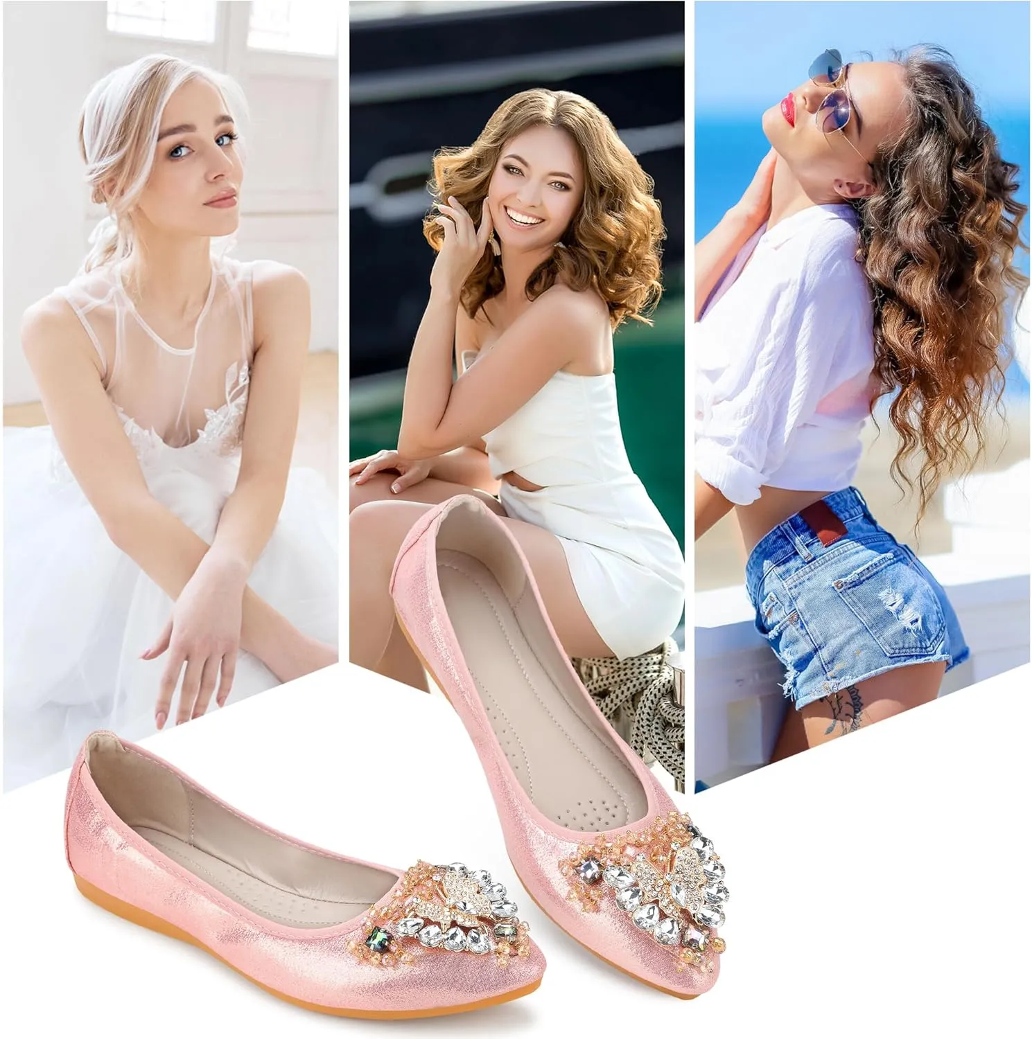 KUNWFNIX Women Ballet Flats Rhinestone Wedding Ballerina Shoes Foldable Sparkly Comfort Slip on Flat Shoes