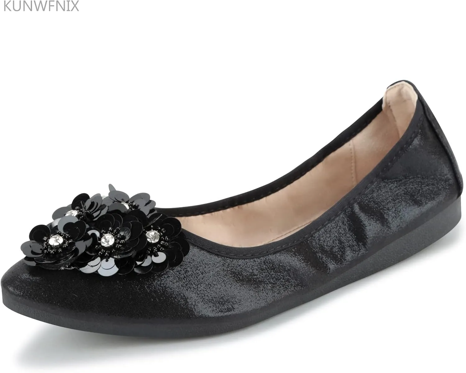 KUNWFNIX Women Ballet Flats Rhinestone Wedding Ballerina Shoes Foldable Sparkly Comfort Slip on Flat Shoes