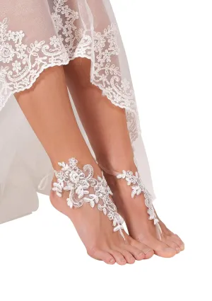 Lace Sequins Barefoot Sandals, Bridal accessory, Nude shoes, Foot thongs, French Lace, Sexy, Beach wedding Anklet, bottomless shoes