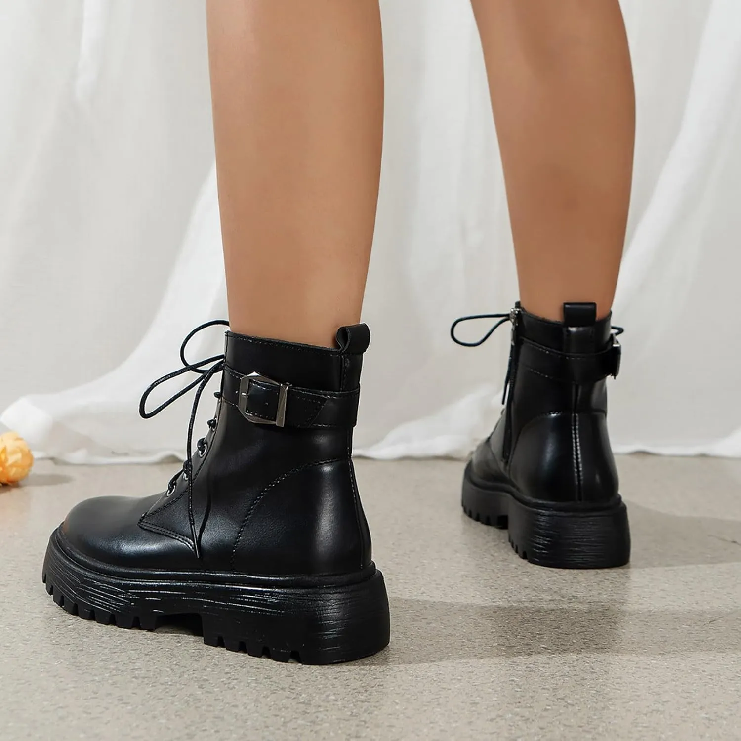 Lace-up Combat Boots Ankle Booties for Women Trendy Mid Calf Low Heel Western Platform Hiking Booties Outdoor Shoes