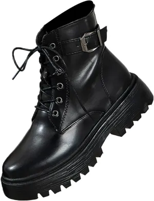 Lace-up Combat Boots Ankle Booties for Women Trendy Mid Calf Low Heel Western Platform Hiking Booties Outdoor Shoes
