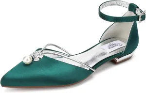 Lady Elegant Pointed Toe Satin Dress Flats Shoes with Pearl and Crystals