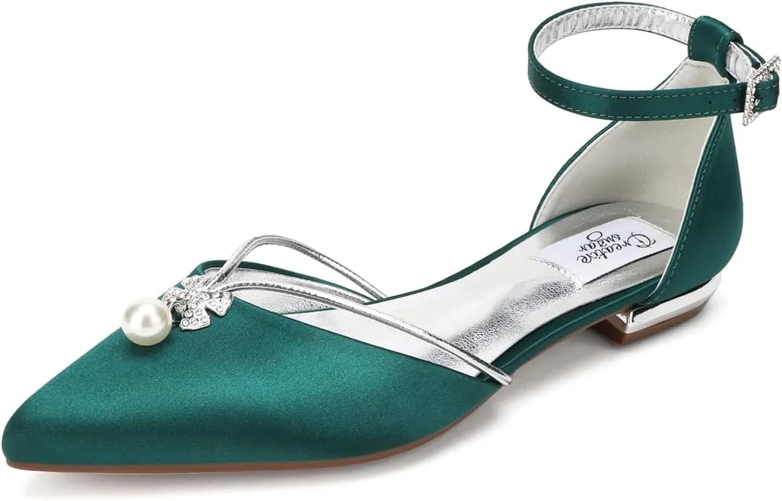 Lady Elegant Pointed Toe Satin Dress Flats Shoes with Pearl and Crystals