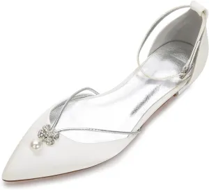 Lady Elegant Pointed Toe Satin Dress Flats Shoes with Pearl and Crystals