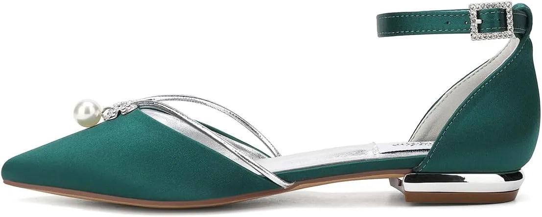 Lady Elegant Pointed Toe Satin Dress Flats Shoes with Pearl and Crystals