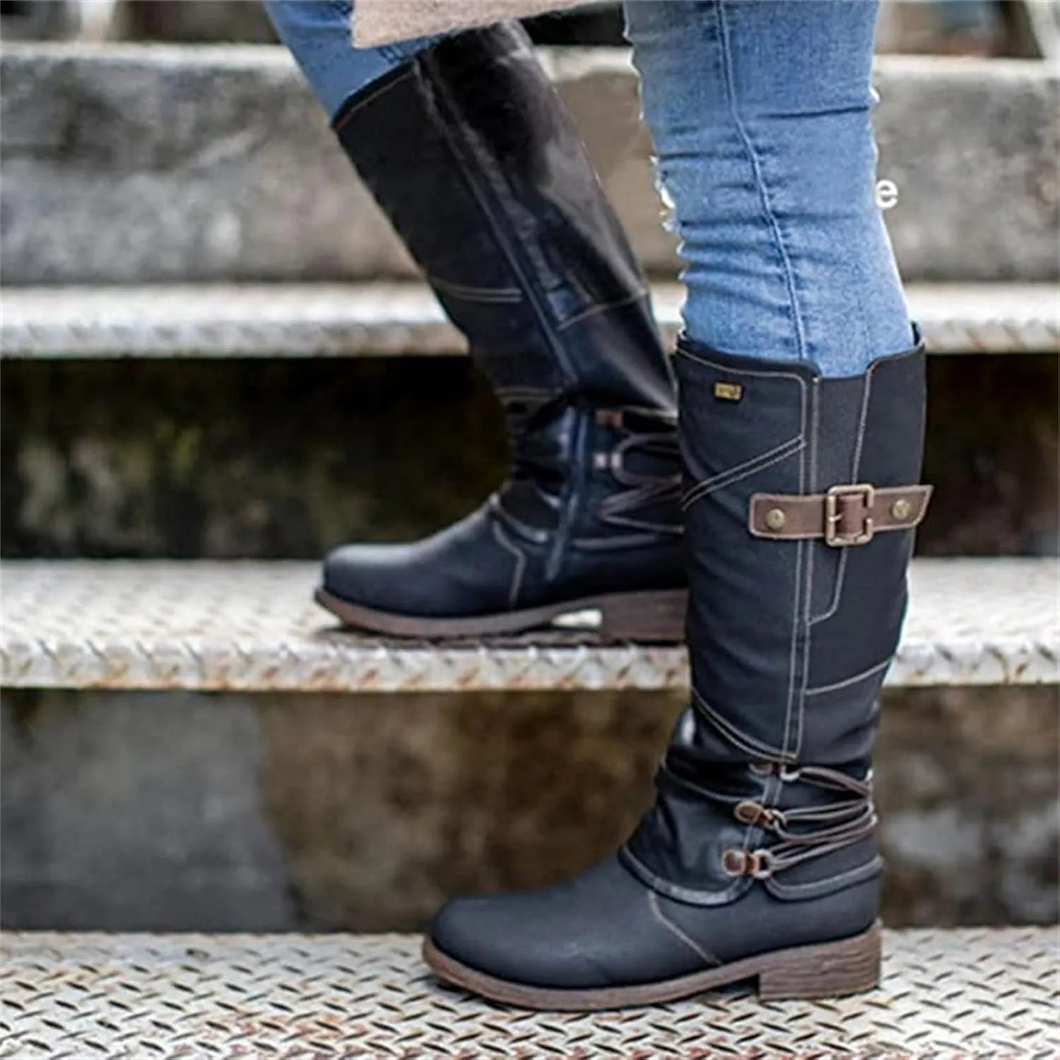 Lausiuoe Boots For Women Low Heel Mid Calf Winter Boots Side Zip Western Platform Hiking Booties Warm Non Slip Outdoor Shoes