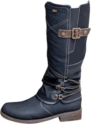 Lausiuoe Boots For Women Low Heel Mid Calf Winter Boots Side Zip Western Platform Hiking Booties Warm Non Slip Outdoor Shoes