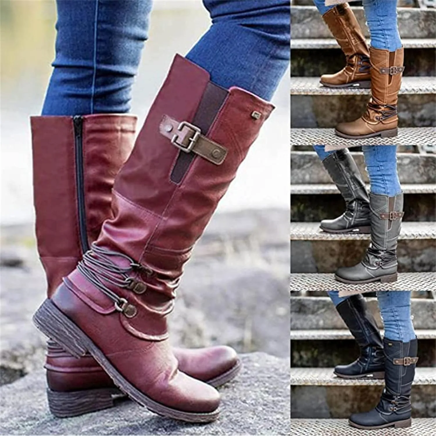 Lausiuoe Boots For Women Low Heel Mid Calf Winter Boots Side Zip Western Platform Hiking Booties Warm Non Slip Outdoor Shoes