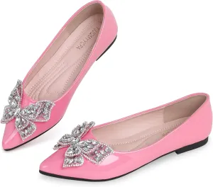 Leather Ballet Flats for Women Bling Rhinestone Fashionable Pointed Slip on Comfort Breathable Wedding Flats Shoes for Women Dress Shoes