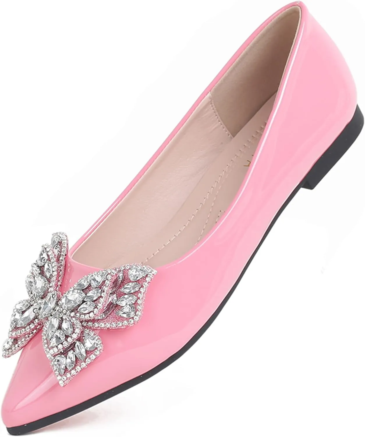 Leather Ballet Flats for Women Bling Rhinestone Fashionable Pointed Slip on Comfort Breathable Wedding Flats Shoes for Women Dress Shoes