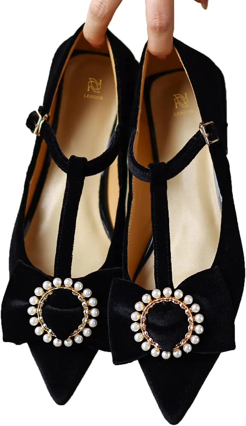 LEHOOR Women Pointed Toe Mary Jane Flats T-Strap Bow Velvet Flat Shoes Pearl Buckle Comfort 1 Inch Low Chunky Heel Dress Shoes Ankle Strap Vintage Elegant Party Wedding Bridal Flats 4-9.5 M US