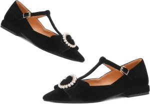 LEHOOR Women Pointed Toe Mary Jane Flats T-Strap Bow Velvet Flat Shoes Pearl Buckle Comfort 1 Inch Low Chunky Heel Dress Shoes Ankle Strap Vintage Elegant Party Wedding Bridal Flats 4-9.5 M US