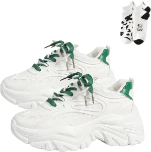 LELEBEAR Chunky White Sneakers Women, Fashion Mesh Platform Sneakers, Casual Jogging Walking Shoes with Cute Socks