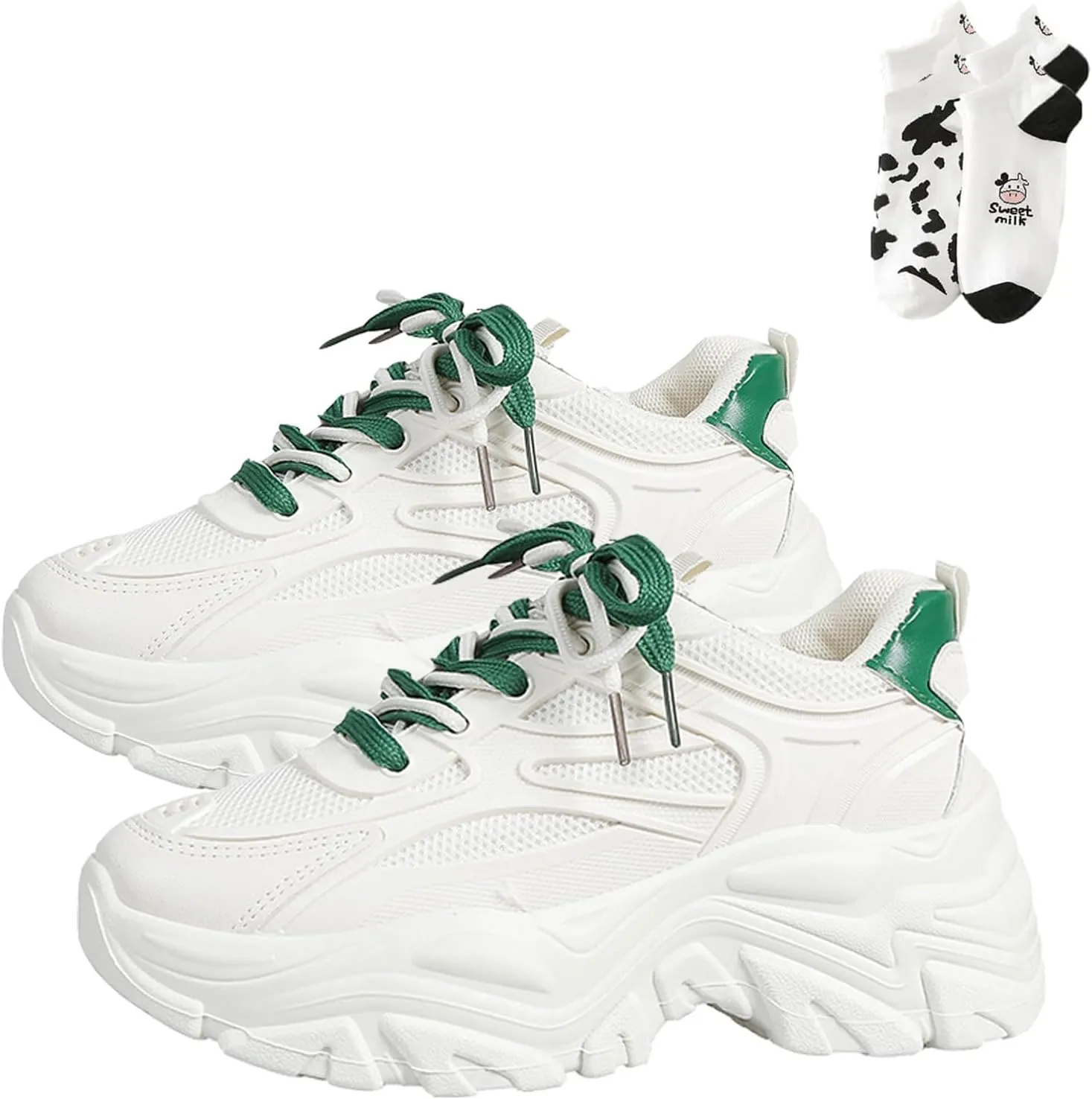 LELEBEAR Chunky White Sneakers Women, Fashion Mesh Platform Sneakers, Casual Jogging Walking Shoes with Cute Socks