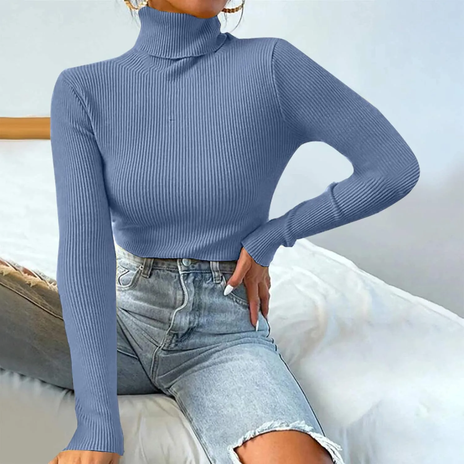 Lightweight Fitted Sweaters for Women Long Sleeve Turtleneck Ribbed Knit Pullover Sweater Casual Basic Tee Tops