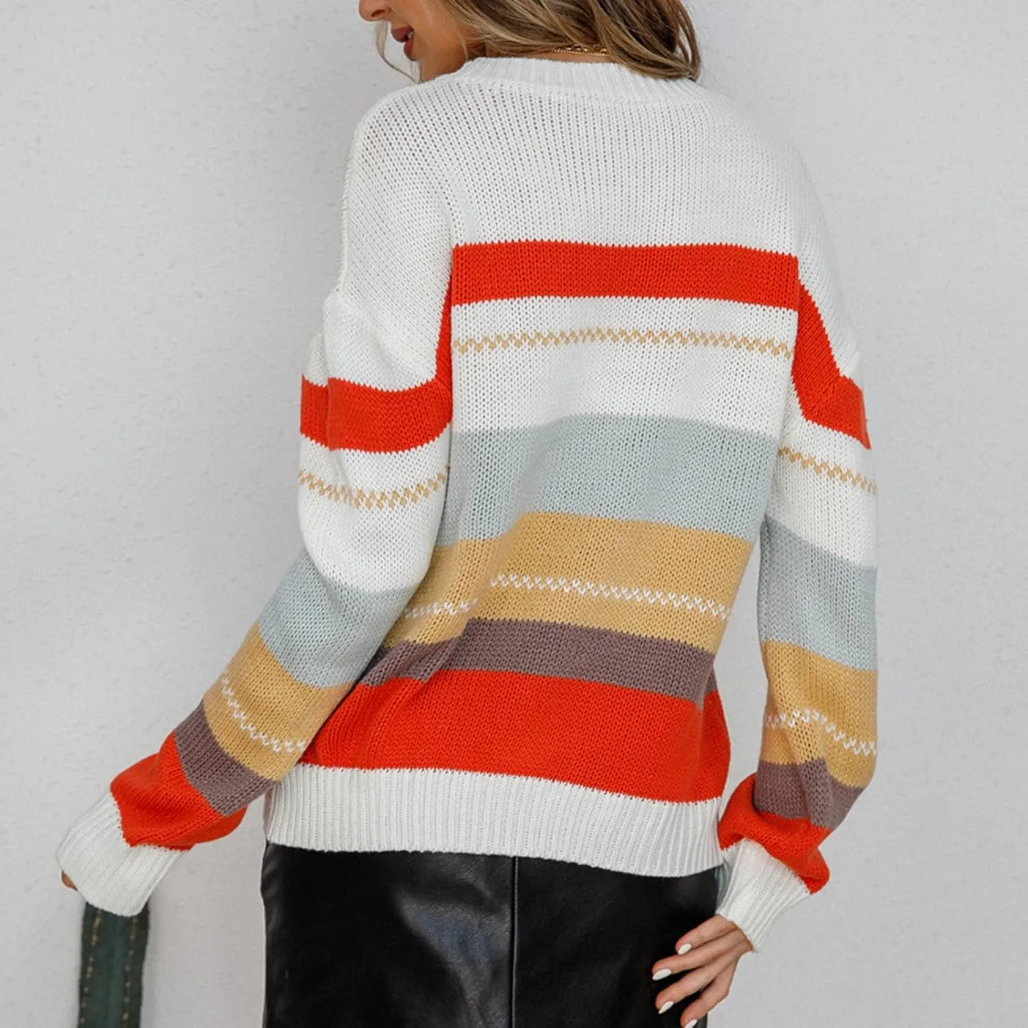 Lightweight Sweaters for Women 2024 Trendy Oversized Long Sleeve Crewneck Color Block Knitted Pullover Sweater