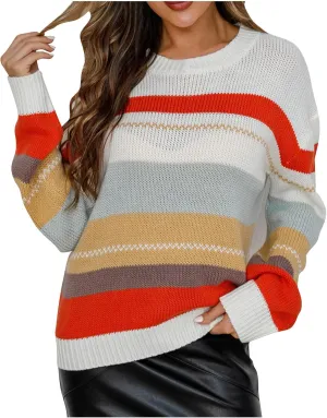 Lightweight Sweaters for Women 2024 Trendy Oversized Long Sleeve Crewneck Color Block Knitted Pullover Sweater