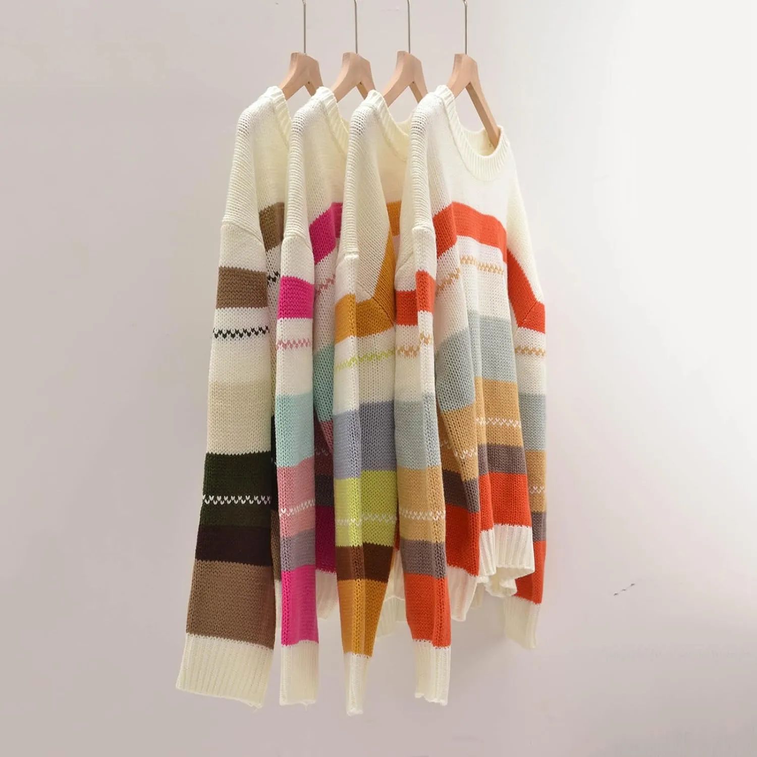 Lightweight Sweaters for Women 2024 Trendy Oversized Long Sleeve Crewneck Color Block Knitted Pullover Sweater