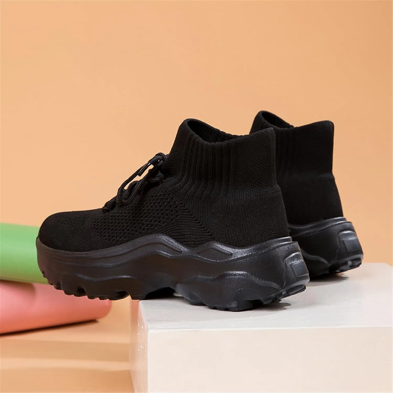 LLTMALL Women's Men's Chunky Sock Sneakers Lace up High Top Lightweight Mesh Running Shoes