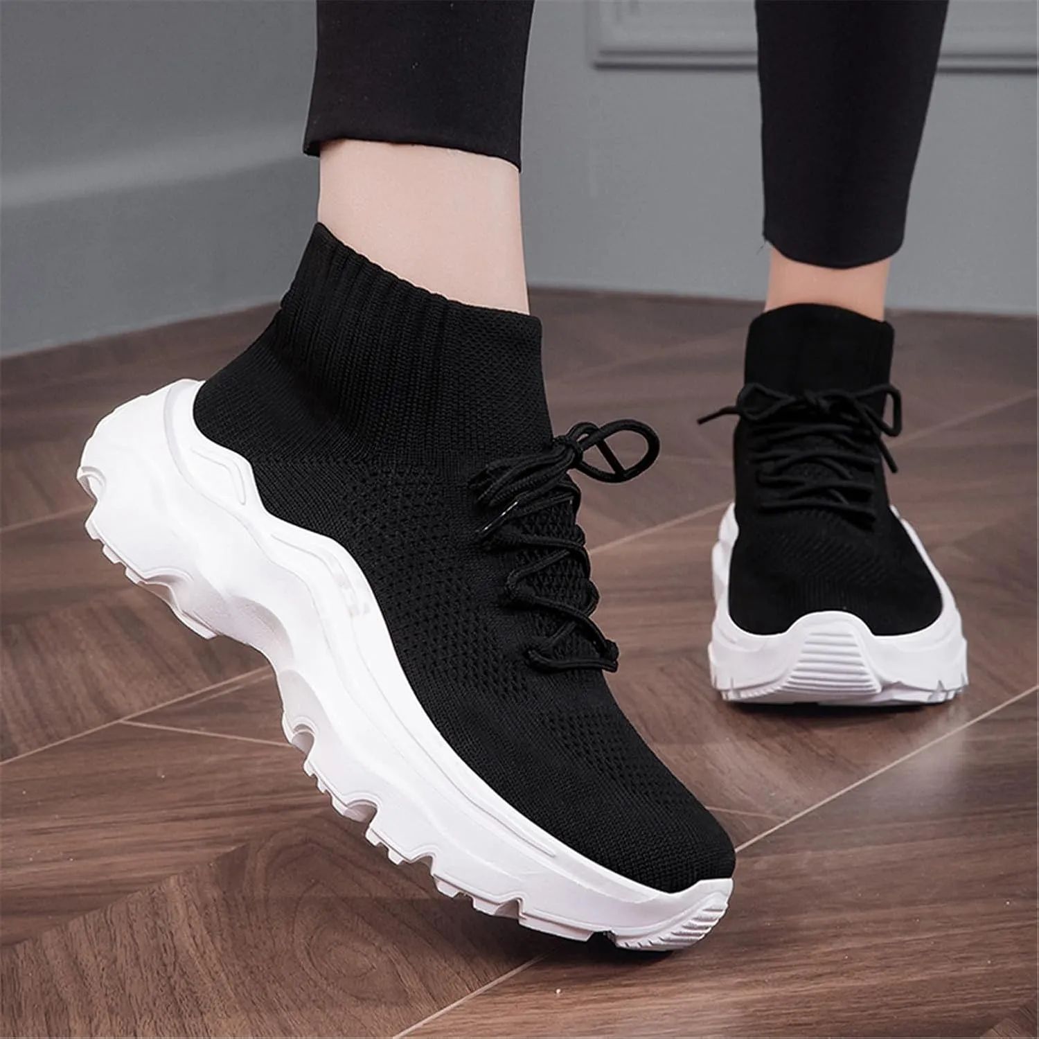 LLTMALL Women's Men's Chunky Sock Sneakers Lace up High Top Lightweight Mesh Running Shoes