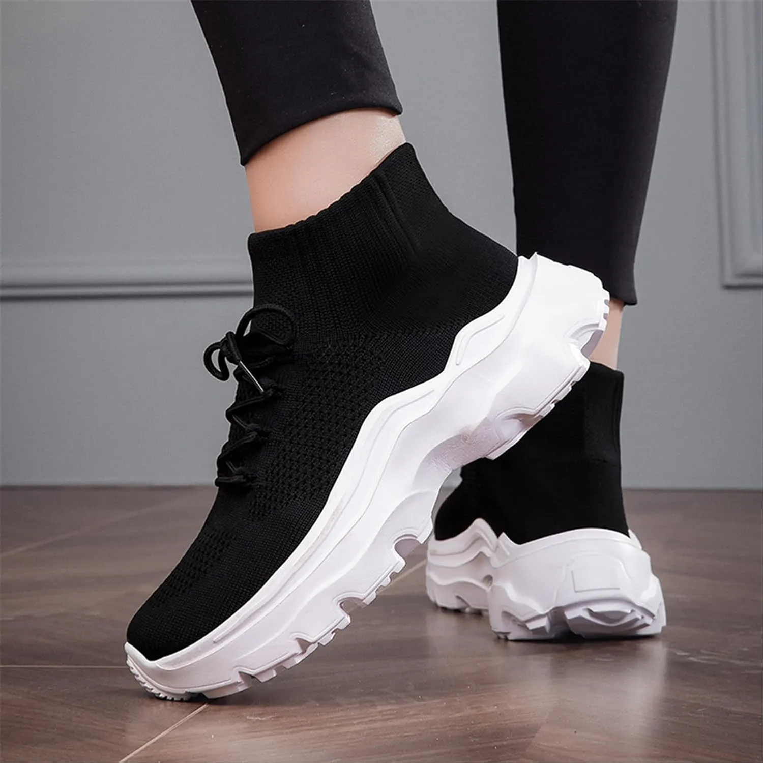 LLTMALL Women's Men's Chunky Sock Sneakers Lace up High Top Lightweight Mesh Running Shoes