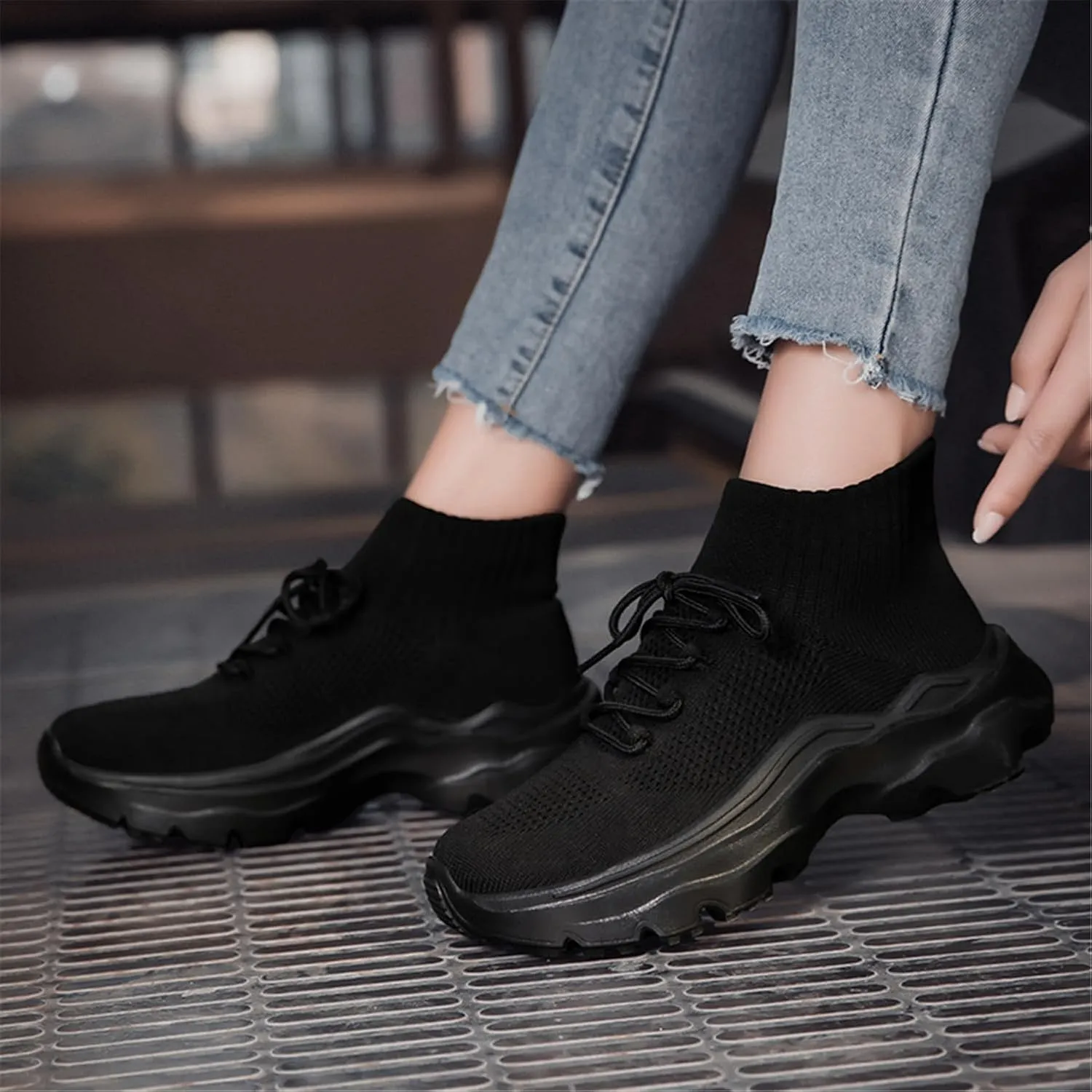 LLTMALL Women's Men's Chunky Sock Sneakers Lace up High Top Lightweight Mesh Running Shoes