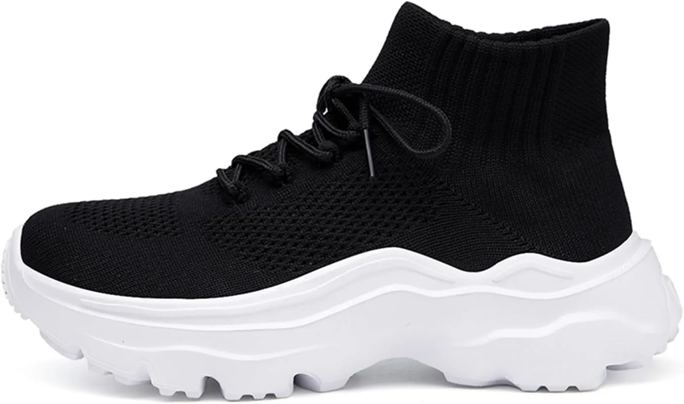 LLTMALL Women's Men's Chunky Sock Sneakers Lace up High Top Lightweight Mesh Running Shoes