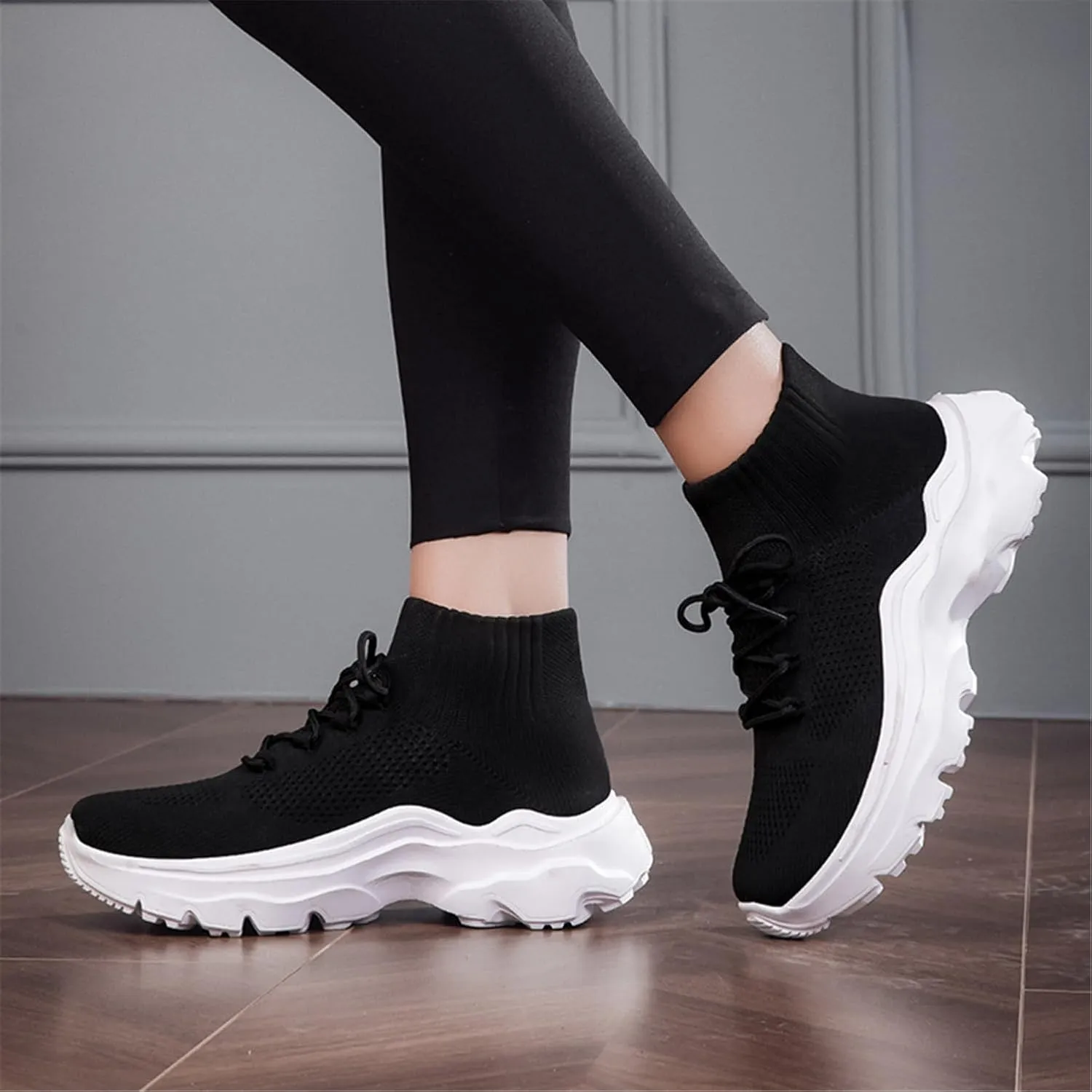 LLTMALL Women's Men's Chunky Sock Sneakers Lace up High Top Lightweight Mesh Running Shoes