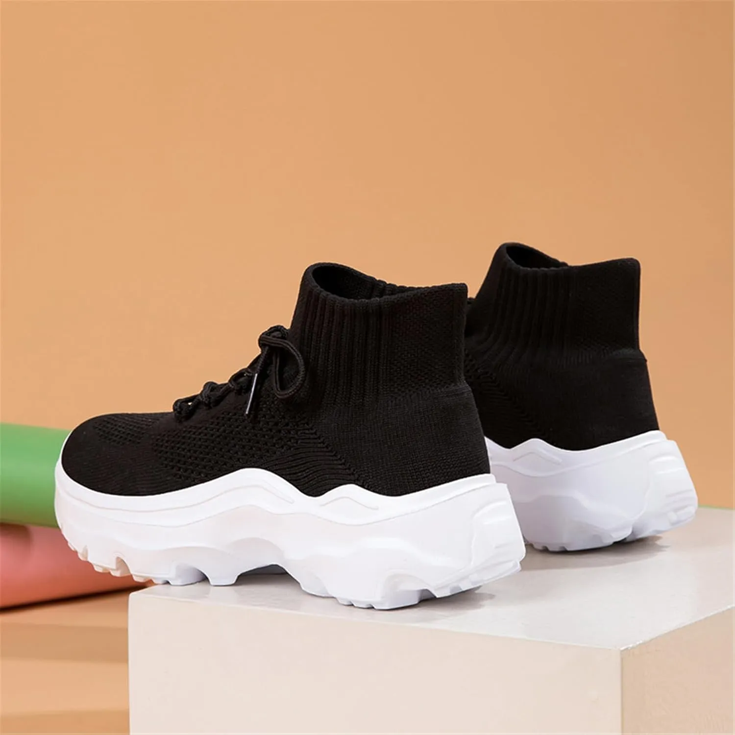 LLTMALL Women's Men's Chunky Sock Sneakers Lace up High Top Lightweight Mesh Running Shoes