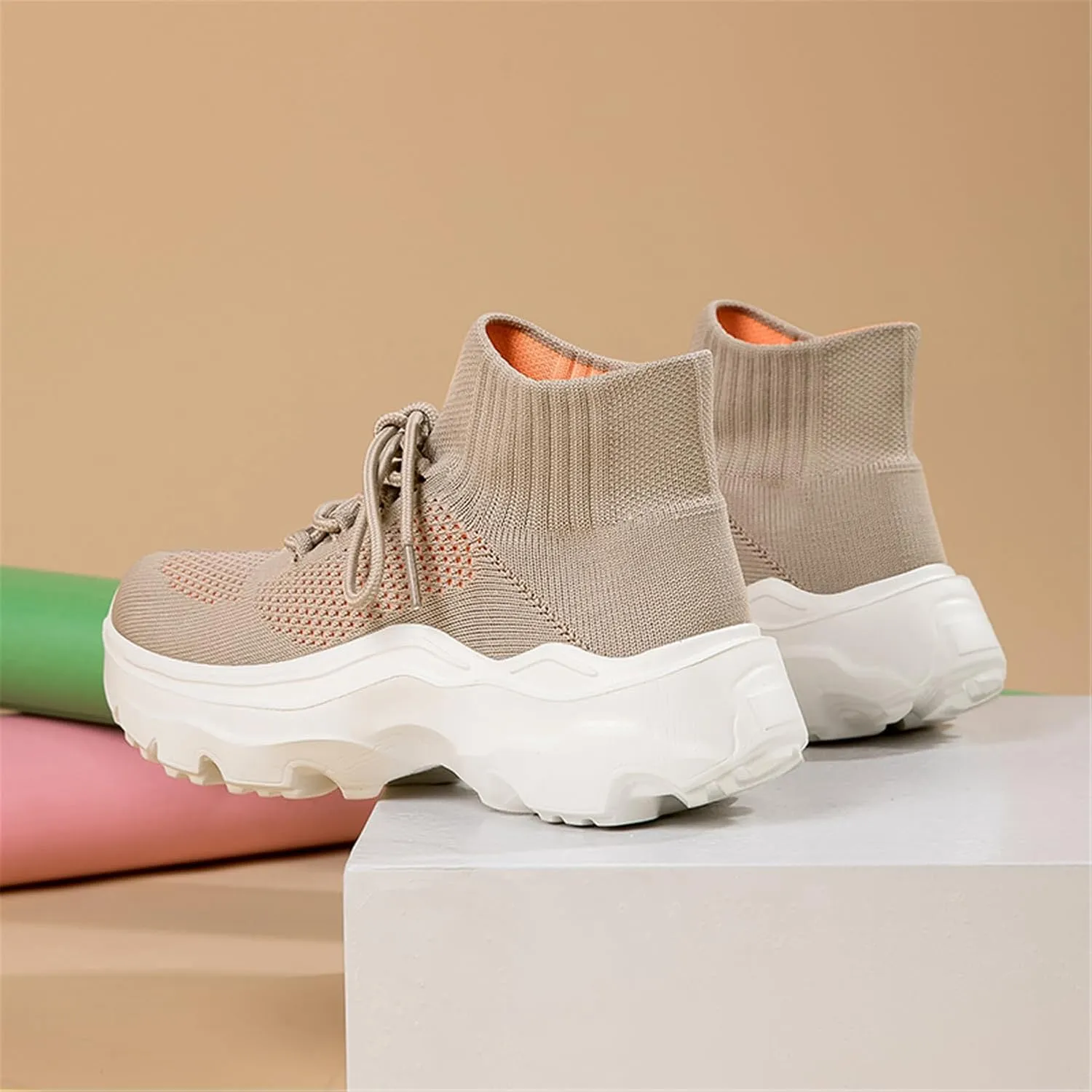 LLTMALL Women's Men's Chunky Sock Sneakers Lace up High Top Lightweight Mesh Running Shoes