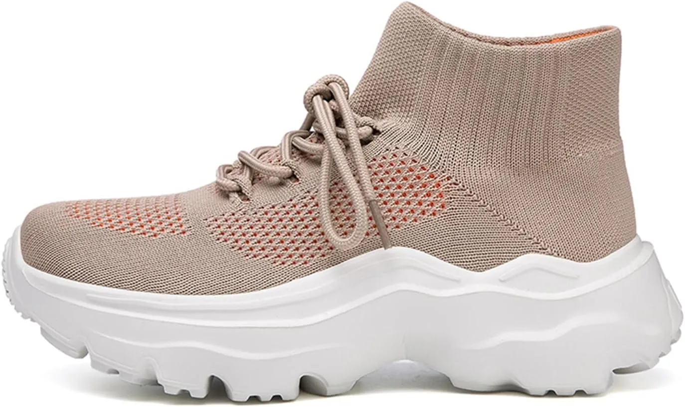 LLTMALL Women's Men's Chunky Sock Sneakers Lace up High Top Lightweight Mesh Running Shoes