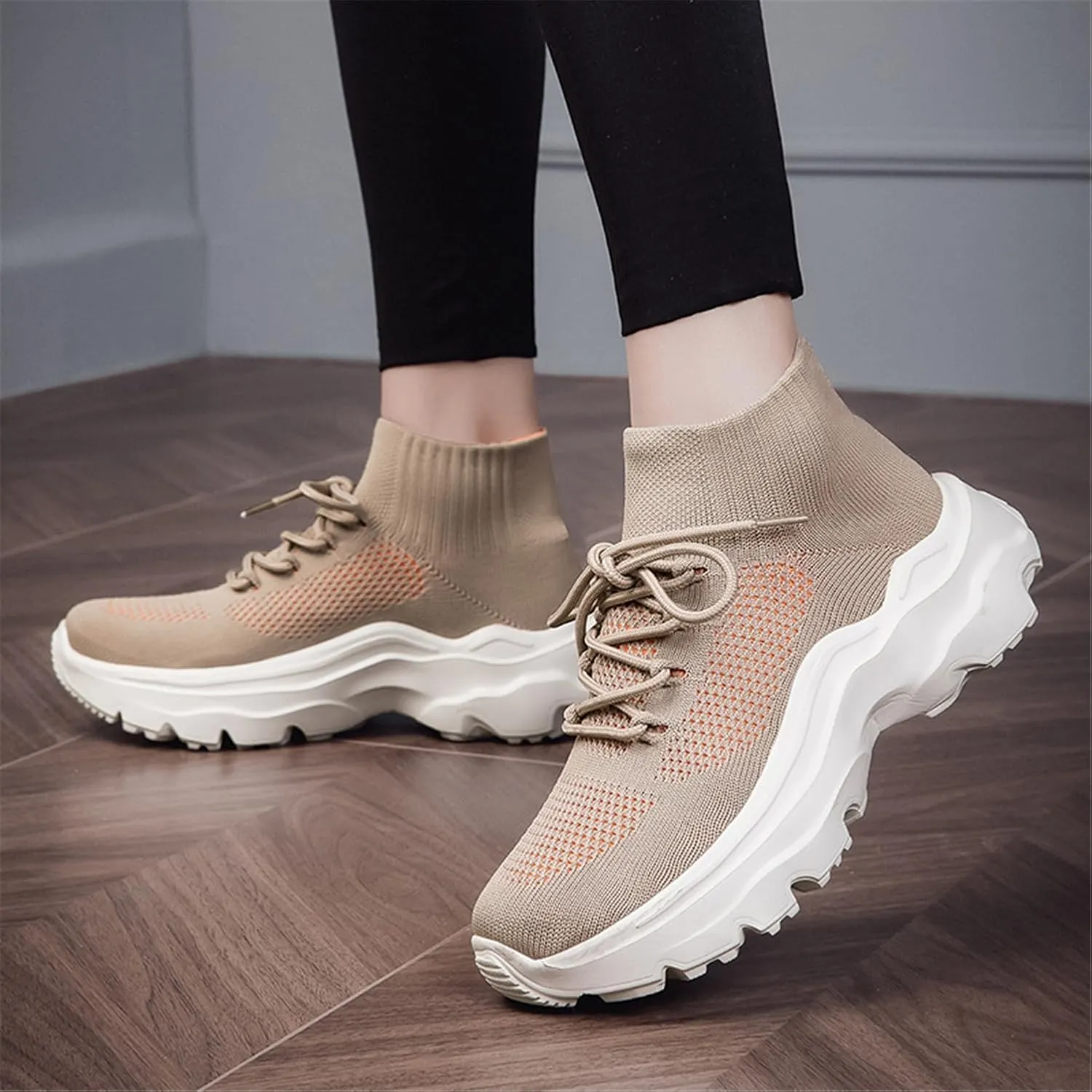 LLTMALL Women's Men's Chunky Sock Sneakers Lace up High Top Lightweight Mesh Running Shoes