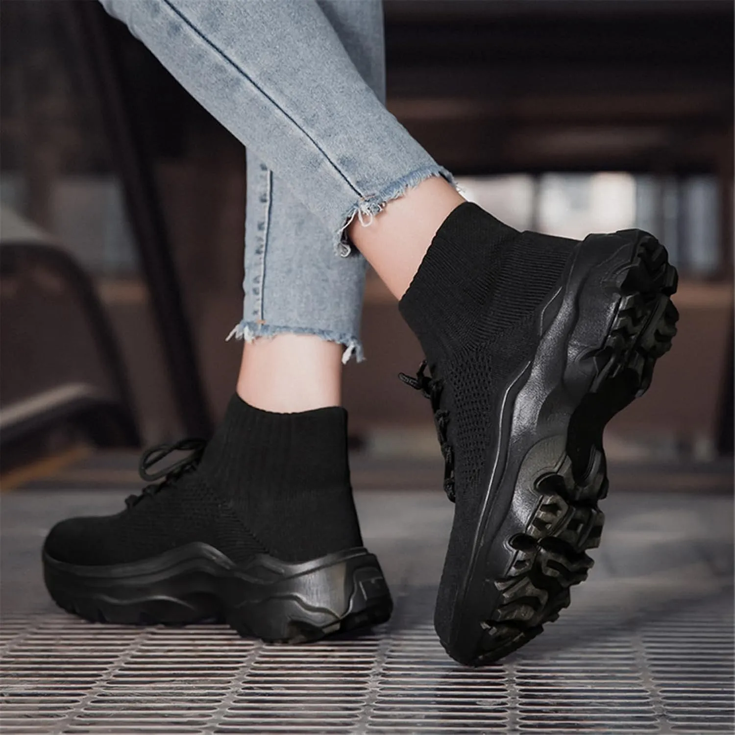 LLTMALL Women's Men's Chunky Sock Sneakers Lace up High Top Lightweight Mesh Running Shoes