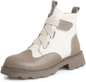 Loafers For Women Fall Women's Chunky Heel Boots Round Toe Slip-On Mixed Color Split Leather Winter Short Booties