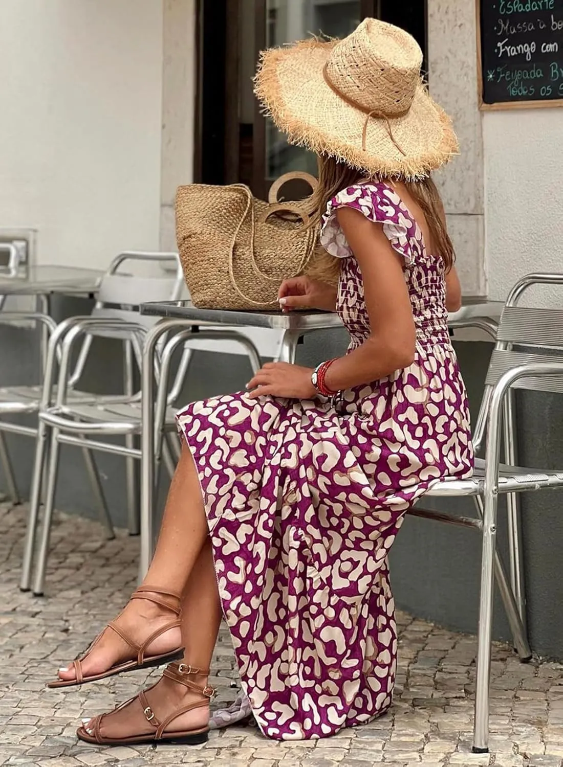 LOLONG Maxi Dress for Women Summer Boho Spaghetti Strap Square Neck Ruffle Beach Sun Dress