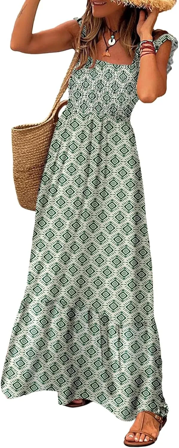 LOLONG Maxi Dress for Women Summer Boho Spaghetti Strap Square Neck Ruffle Beach Sun Dress