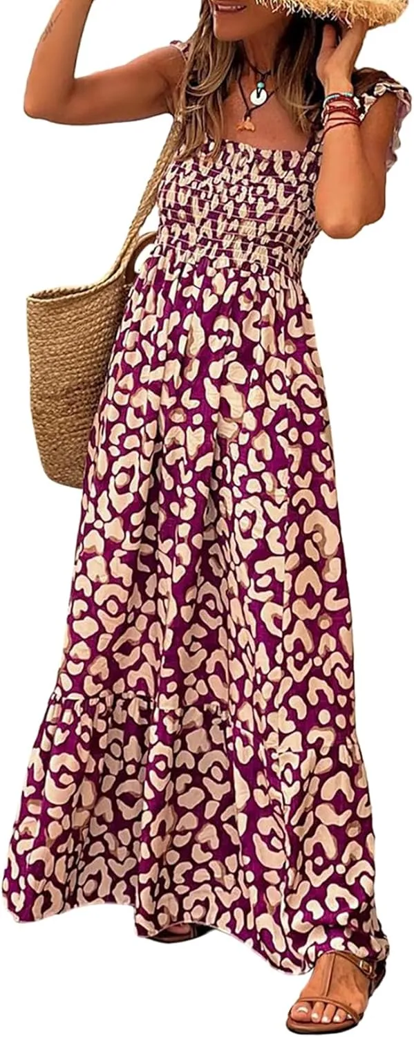 LOLONG Maxi Dress for Women Summer Boho Spaghetti Strap Square Neck Ruffle Beach Sun Dress