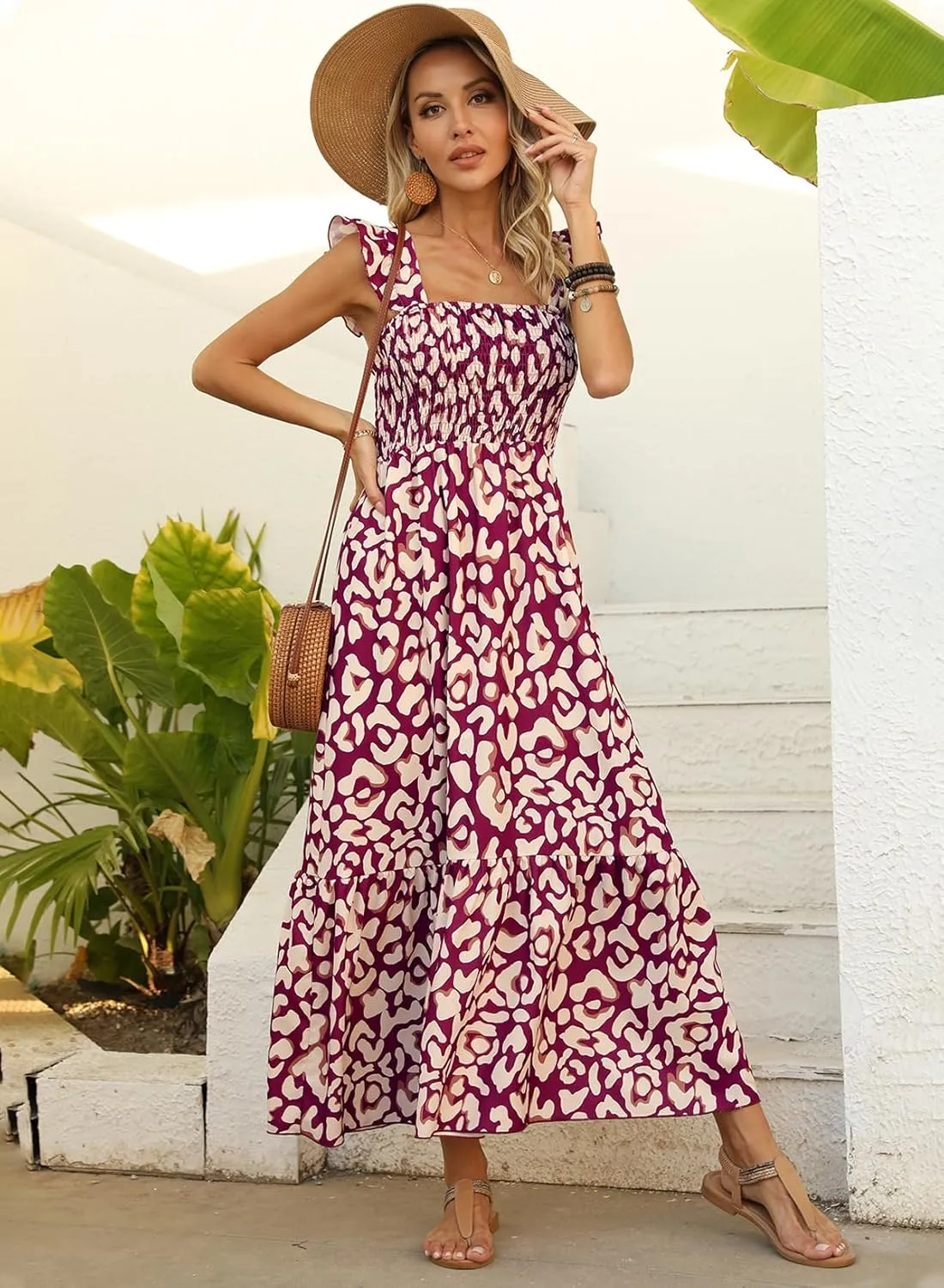 LOLONG Maxi Dress for Women Summer Boho Spaghetti Strap Square Neck Ruffle Beach Sun Dress
