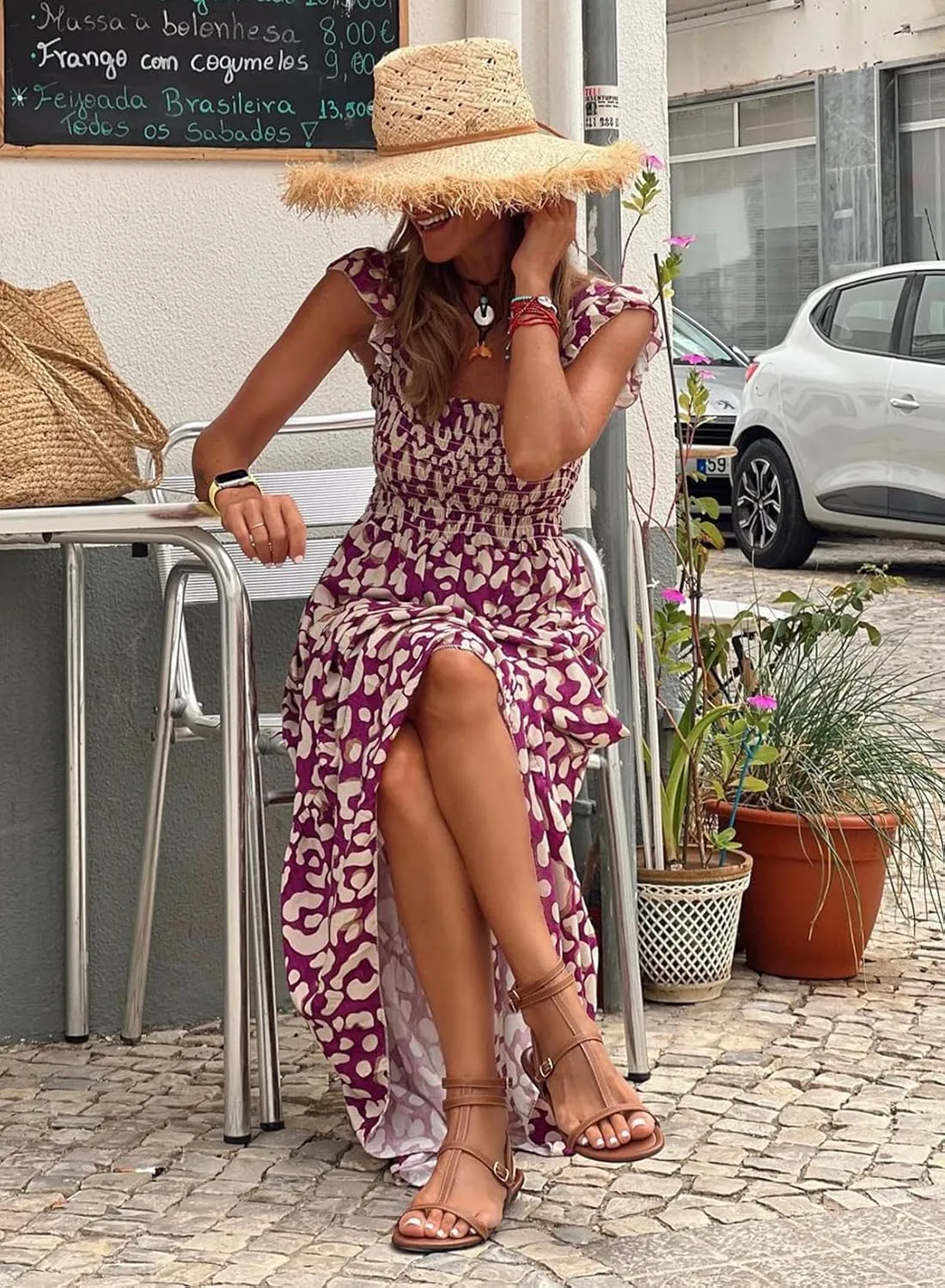 LOLONG Maxi Dress for Women Summer Boho Spaghetti Strap Square Neck Ruffle Beach Sun Dress