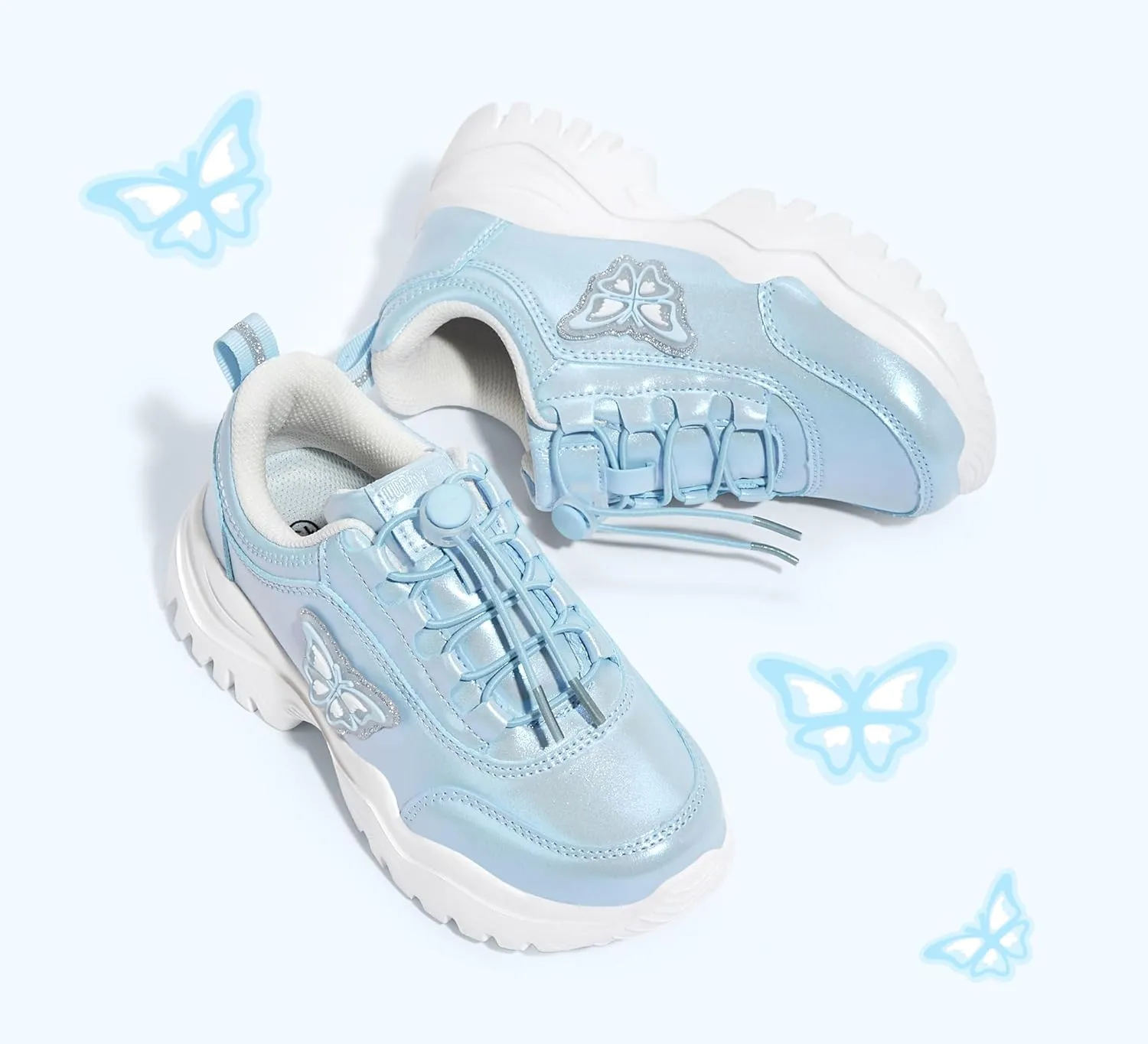 LUCKY STEP Kids Chunky Sneakers Fashion Platform Walking Tennis Shoe Sparkly Butterfly Faux Leather Elastic No-tie Laces School Shoes for Girls Boys