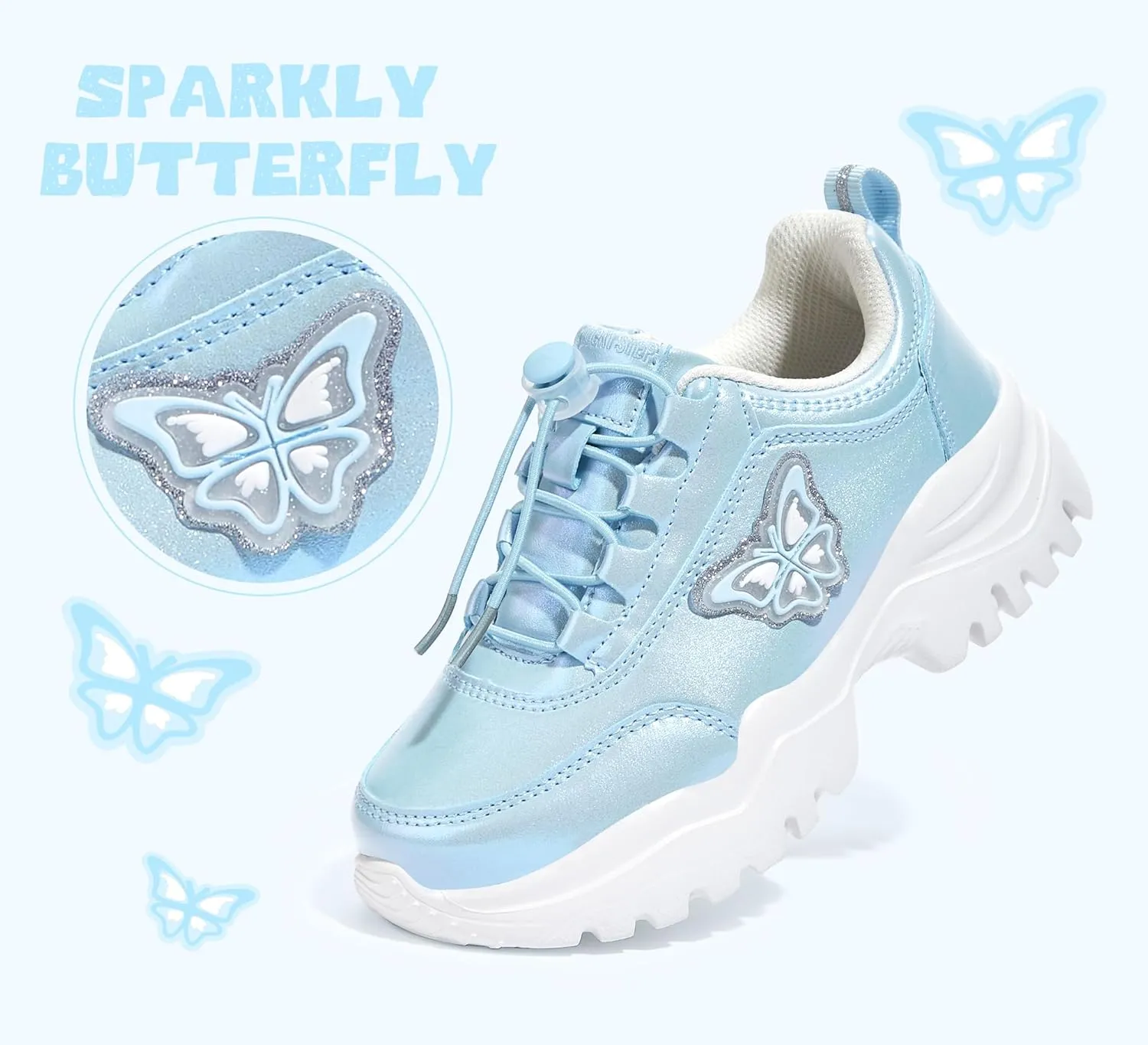 LUCKY STEP Kids Chunky Sneakers Fashion Platform Walking Tennis Shoe Sparkly Butterfly Faux Leather Elastic No-tie Laces School Shoes for Girls Boys