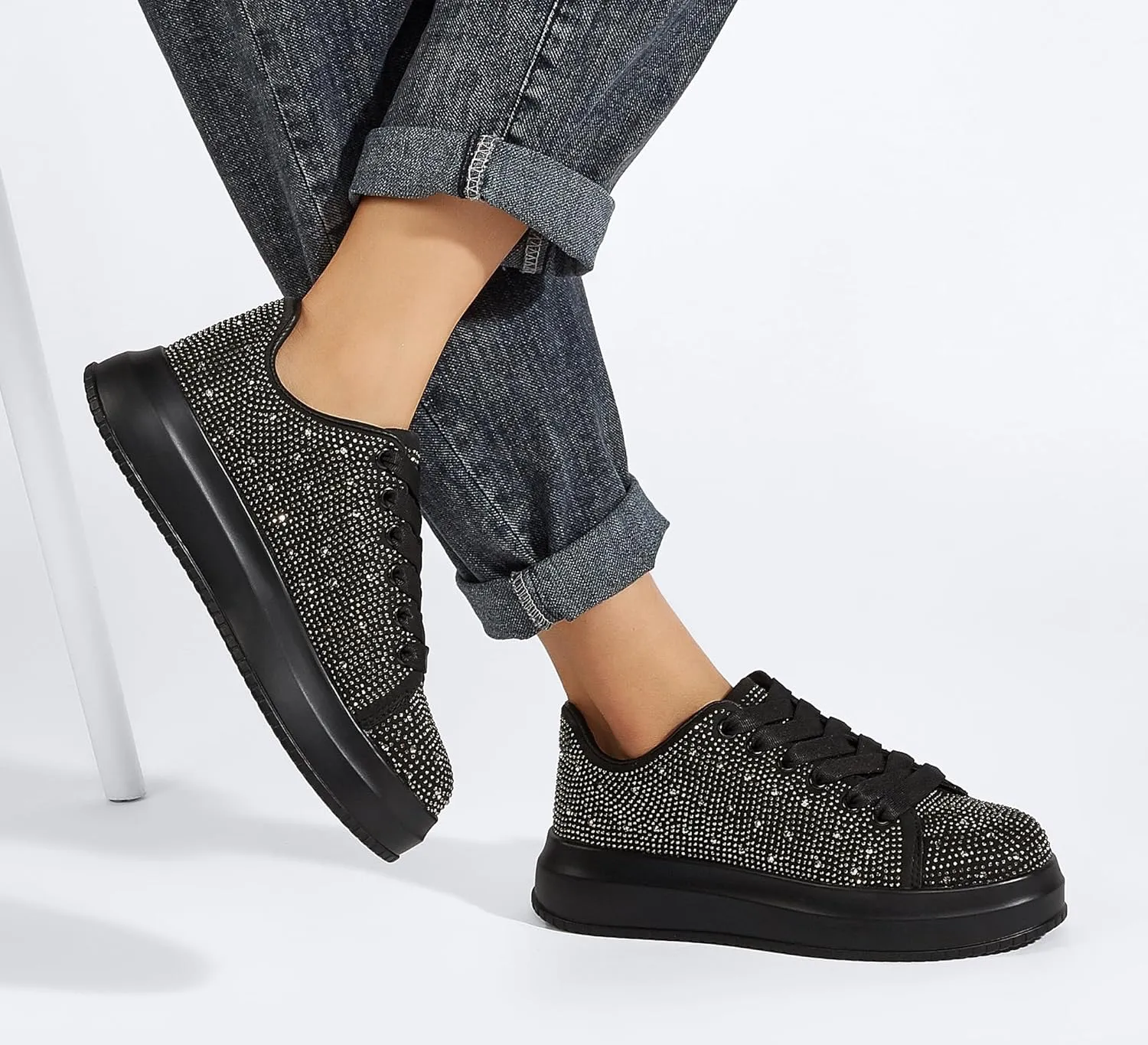 LUCKY STEP Rhinestone Sneakers for Women Platform Sparkly Glitter Bling Tennis Shoes Fashion Bedazzled Wedding Bridal Party Walking Sneakers