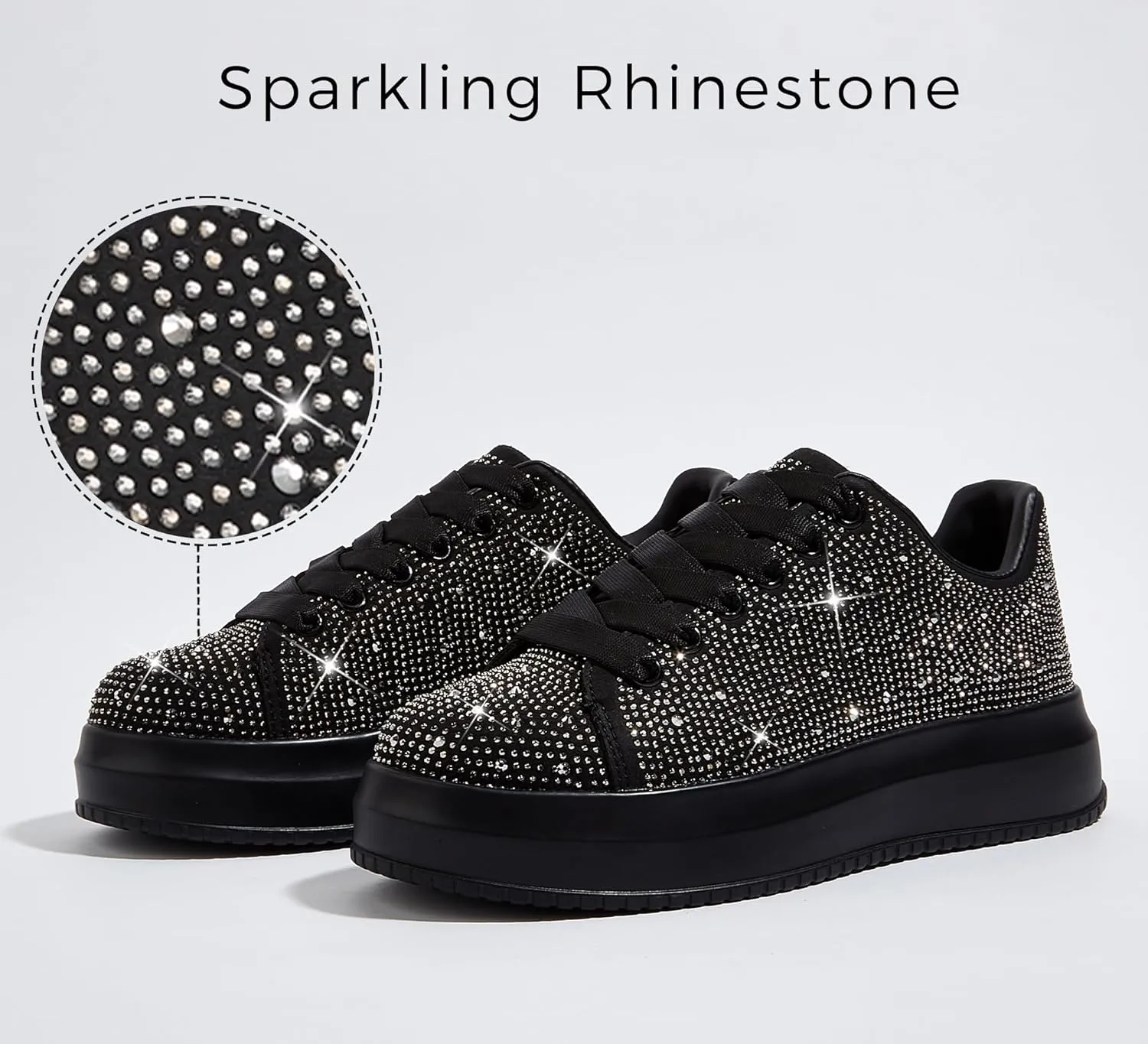 LUCKY STEP Rhinestone Sneakers for Women Platform Sparkly Glitter Bling Tennis Shoes Fashion Bedazzled Wedding Bridal Party Walking Sneakers