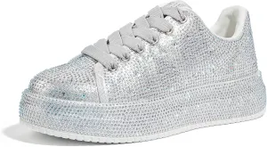 LUCKY STEP Rhinestone Sneakers for Women Platform Sparkly Glitter Bling Tennis Shoes Fashion Bedazzled Wedding Bridal Party Walking Sneakers