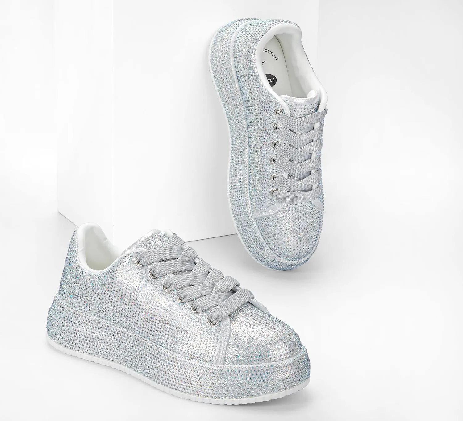 LUCKY STEP Rhinestone Sneakers for Women Platform Sparkly Glitter Bling Tennis Shoes Fashion Bedazzled Wedding Bridal Party Walking Sneakers