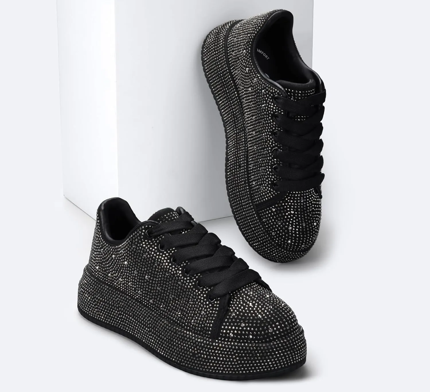 LUCKY STEP Rhinestone Sneakers for Women Platform Sparkly Glitter Bling Tennis Shoes Fashion Bedazzled Wedding Bridal Party Walking Sneakers