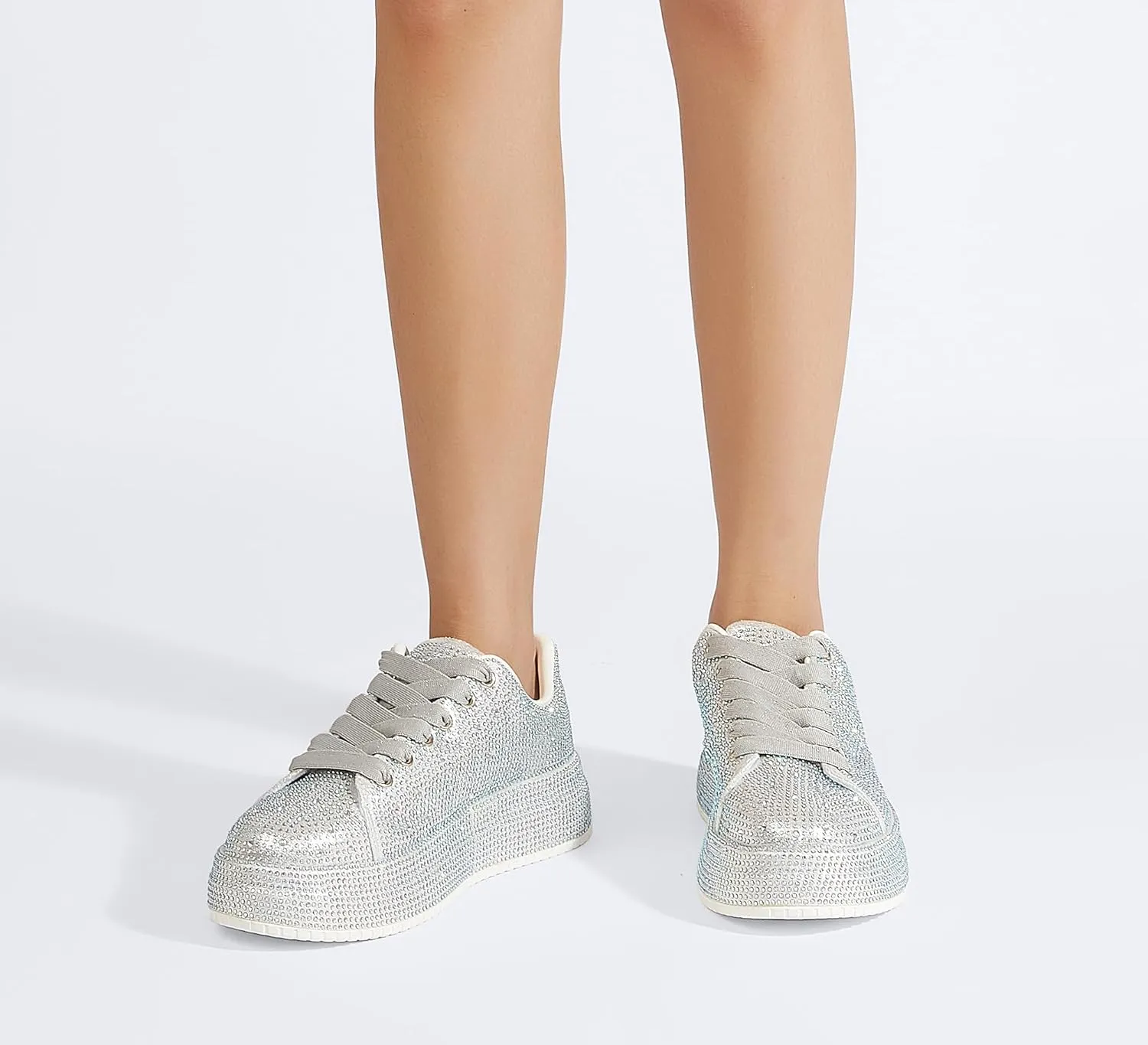 LUCKY STEP Rhinestone Sneakers for Women Platform Sparkly Glitter Bling Tennis Shoes Fashion Bedazzled Wedding Bridal Party Walking Sneakers
