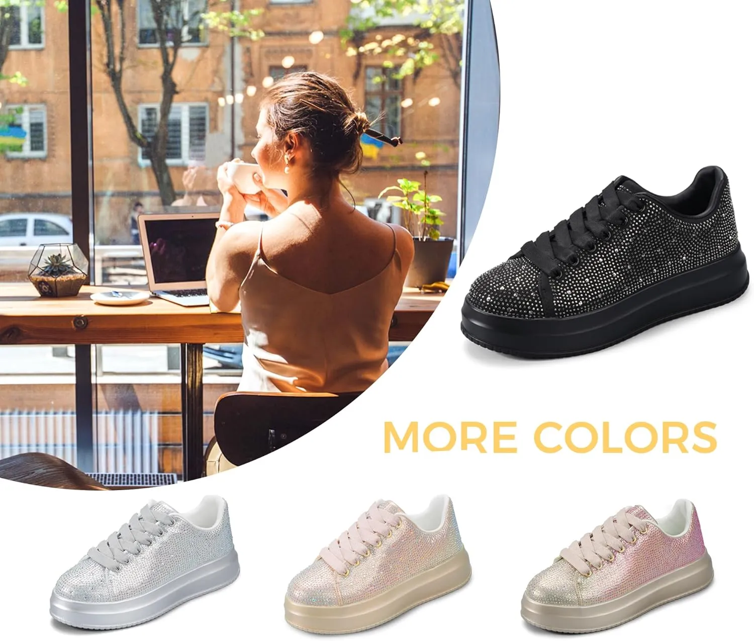 LUCKY STEP Rhinestone Sneakers for Women Platform Sparkly Glitter Bling Tennis Shoes Fashion Bedazzled Wedding Bridal Party Walking Sneakers